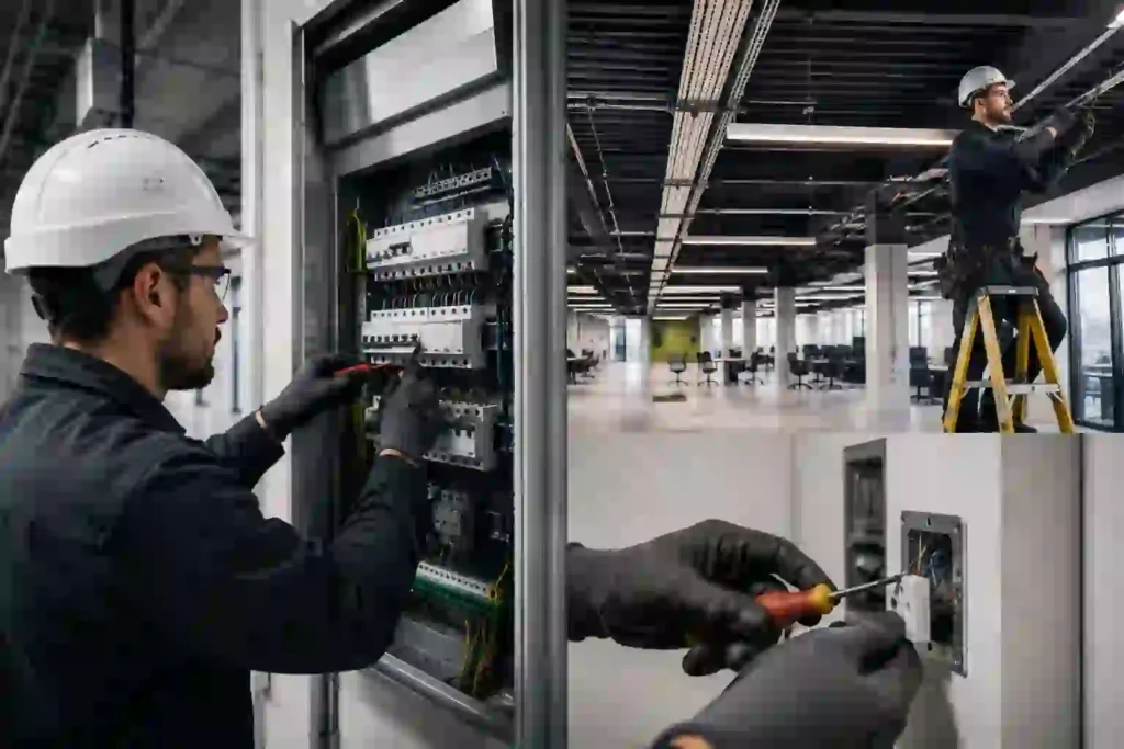 Commercial Rewiring in Manchester with electricians carrying out professional electrical upgrades, distribution board installation, and commercial wiring work.