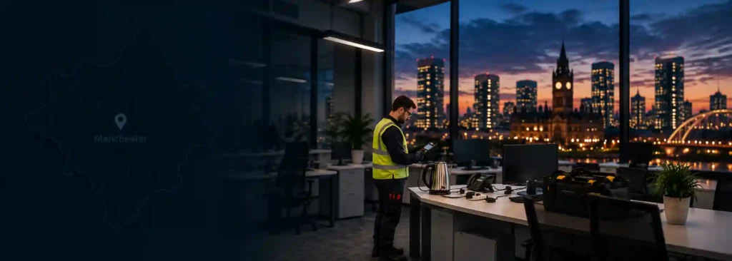 PAT Testing in Manchester technician testing portable electrical equipment in a commercial office