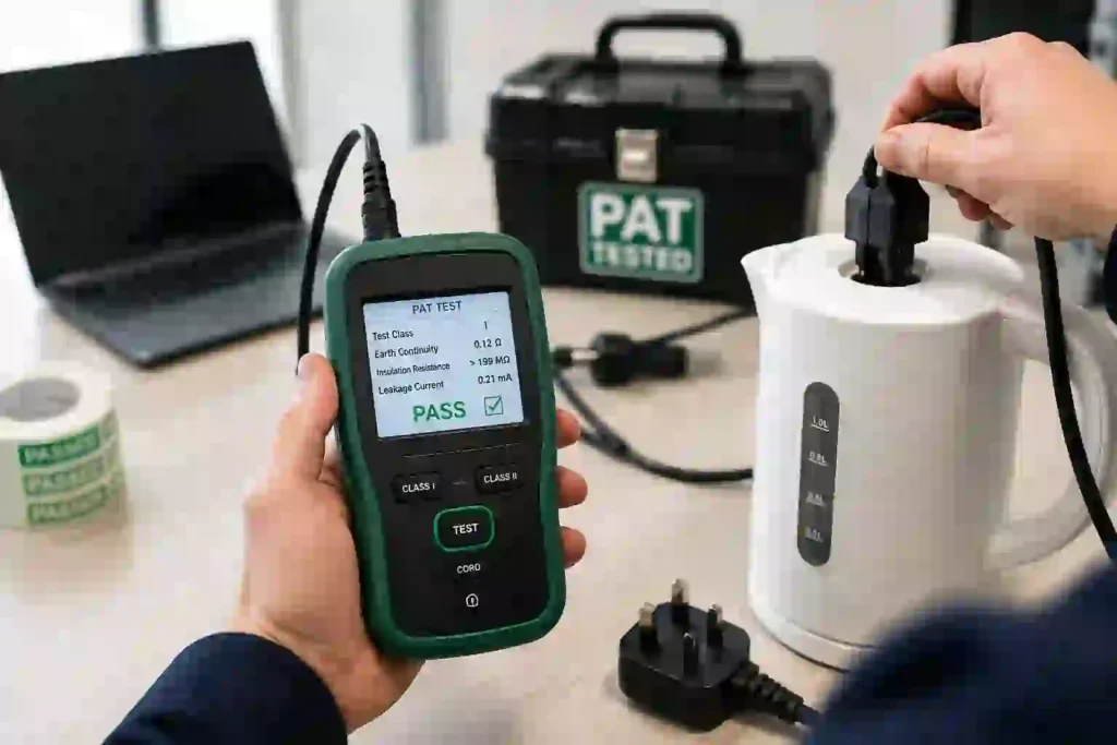 Electrical appliance undergoing portable appliance testing.