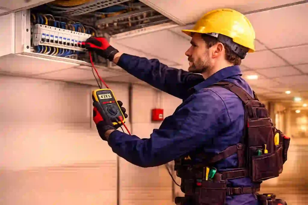 Commercial electrician testing and maintaining electrical systems in a business premises.
