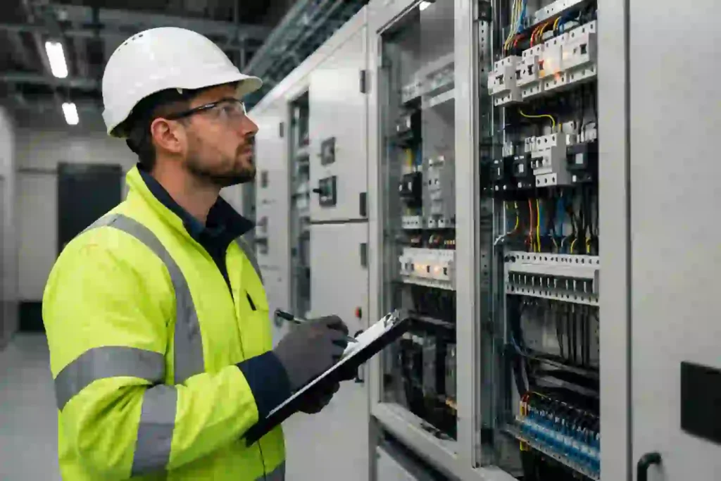 Commercial electrician carrying out an EICR inspection on an industrial electrical distribution board in a commercial building in Manchester.